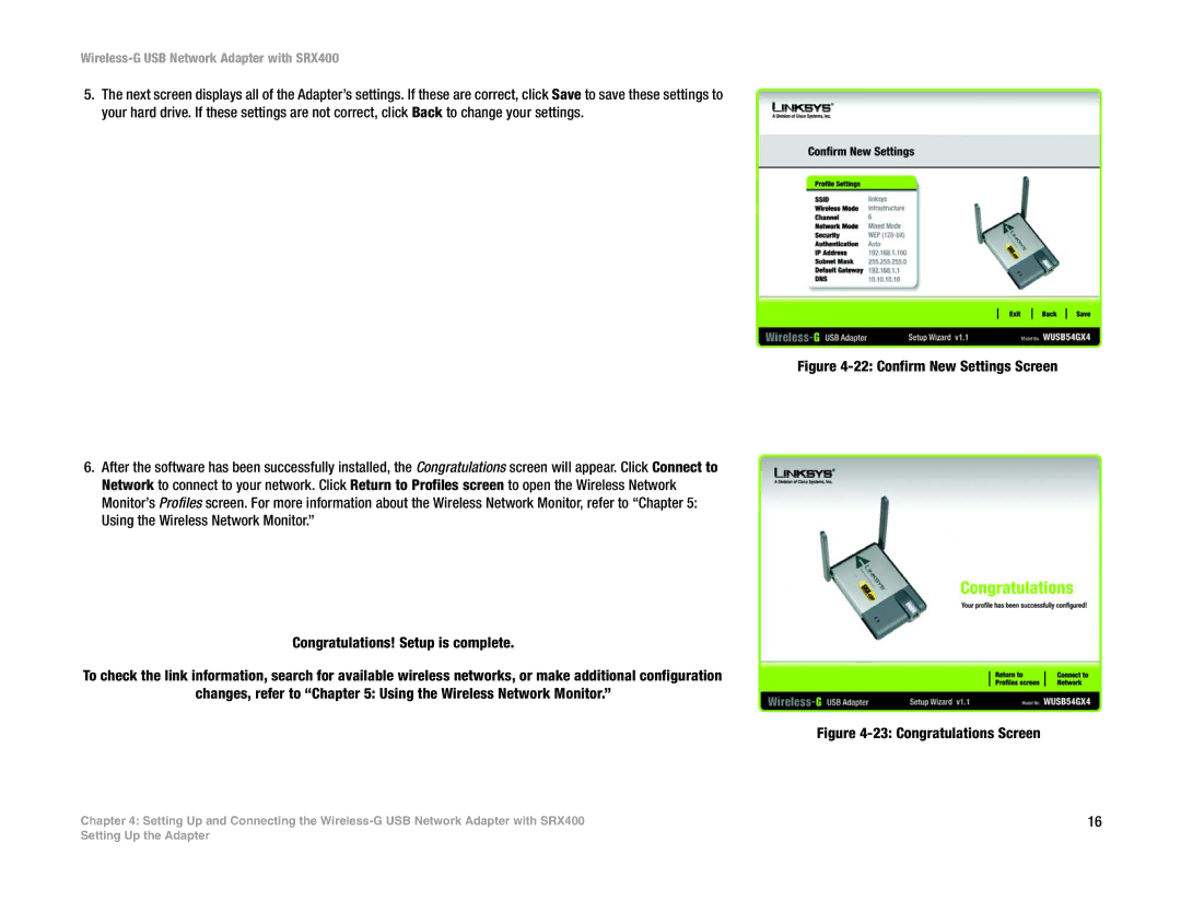 Cisco Systems WUSB54GX4 manual Confirm New Settings Screen 