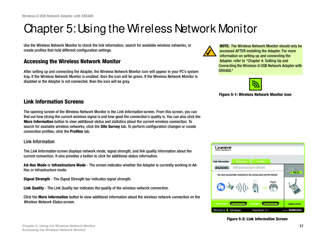 Cisco Systems WUSB54GX4 manual Using the Wireless Network Monitor, Accessing the Wireless Network Monitor, Link Information 