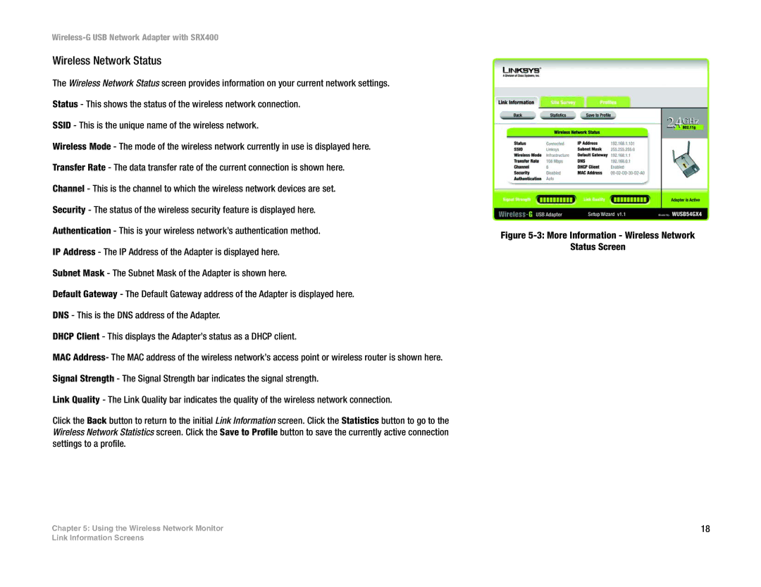 Cisco Systems WUSB54GX4 manual More Information Wireless Network Status Screen 