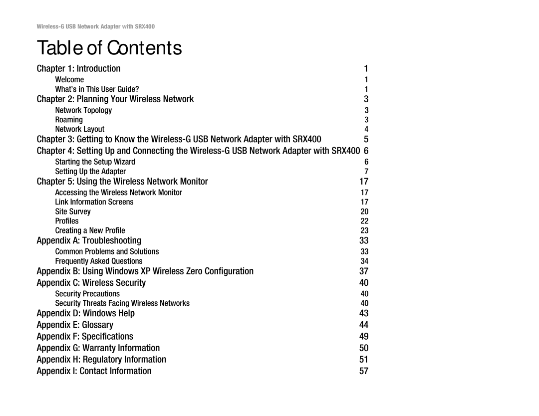 Cisco Systems WUSB54GX4 manual Table of Contents 