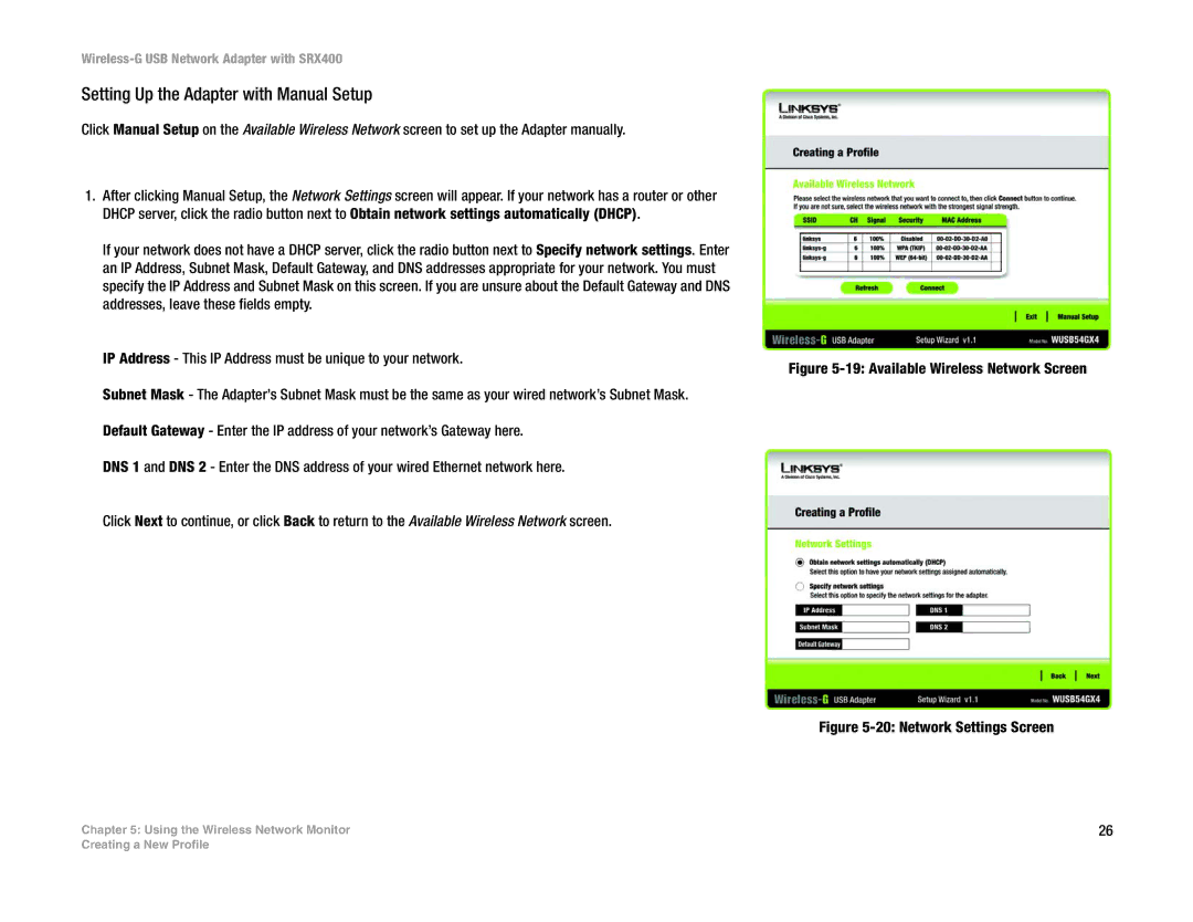 Cisco Systems WUSB54GX4 manual Network Settings Screen 