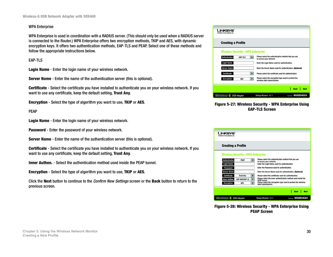 Cisco Systems WUSB54GX4 manual Wireless Security WPA Enterprise Using EAP-TLS Screen 