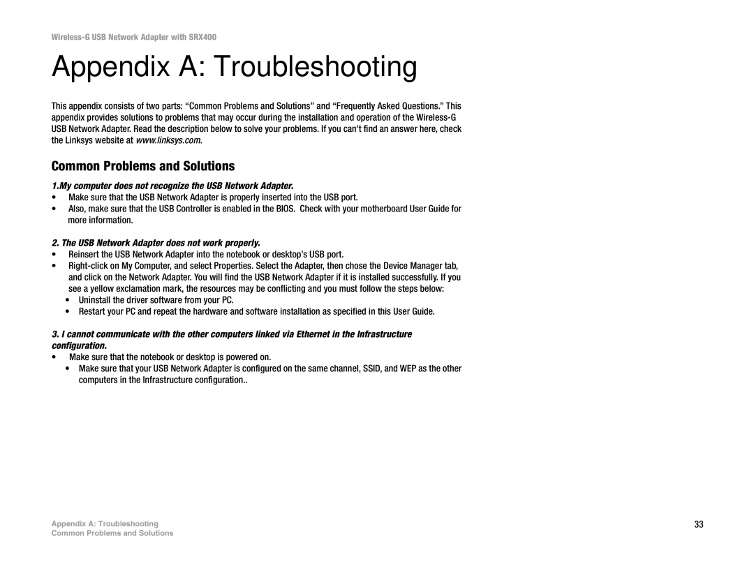 Cisco Systems WUSB54GX4 manual Appendix a Troubleshooting, Common Problems and Solutions 