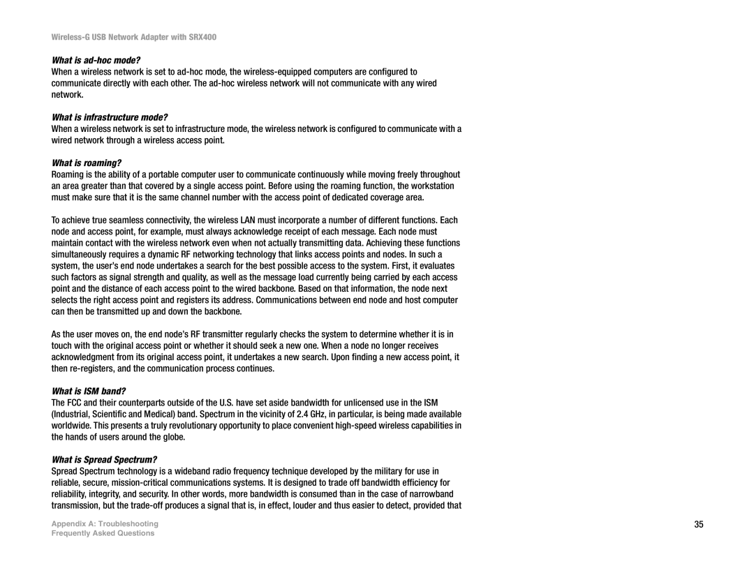 Cisco Systems WUSB54GX4 manual What is ad-hoc mode?, What is infrastructure mode?, What is roaming?, What is ISM band? 