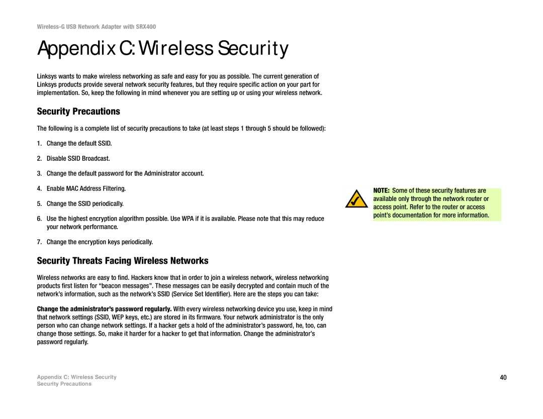 Cisco Systems WUSB54GX4 Appendix C Wireless Security, Security Precautions, Security Threats Facing Wireless Networks 