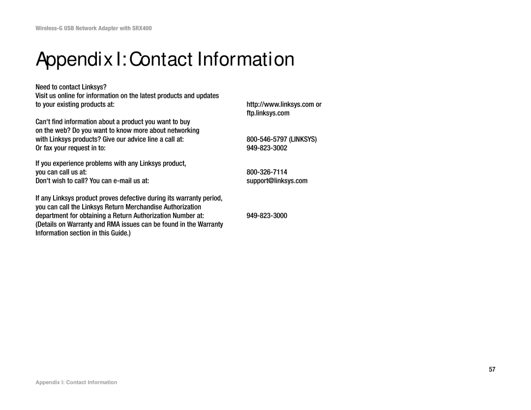 Cisco Systems WUSB54GX4 manual Appendix I Contact Information 