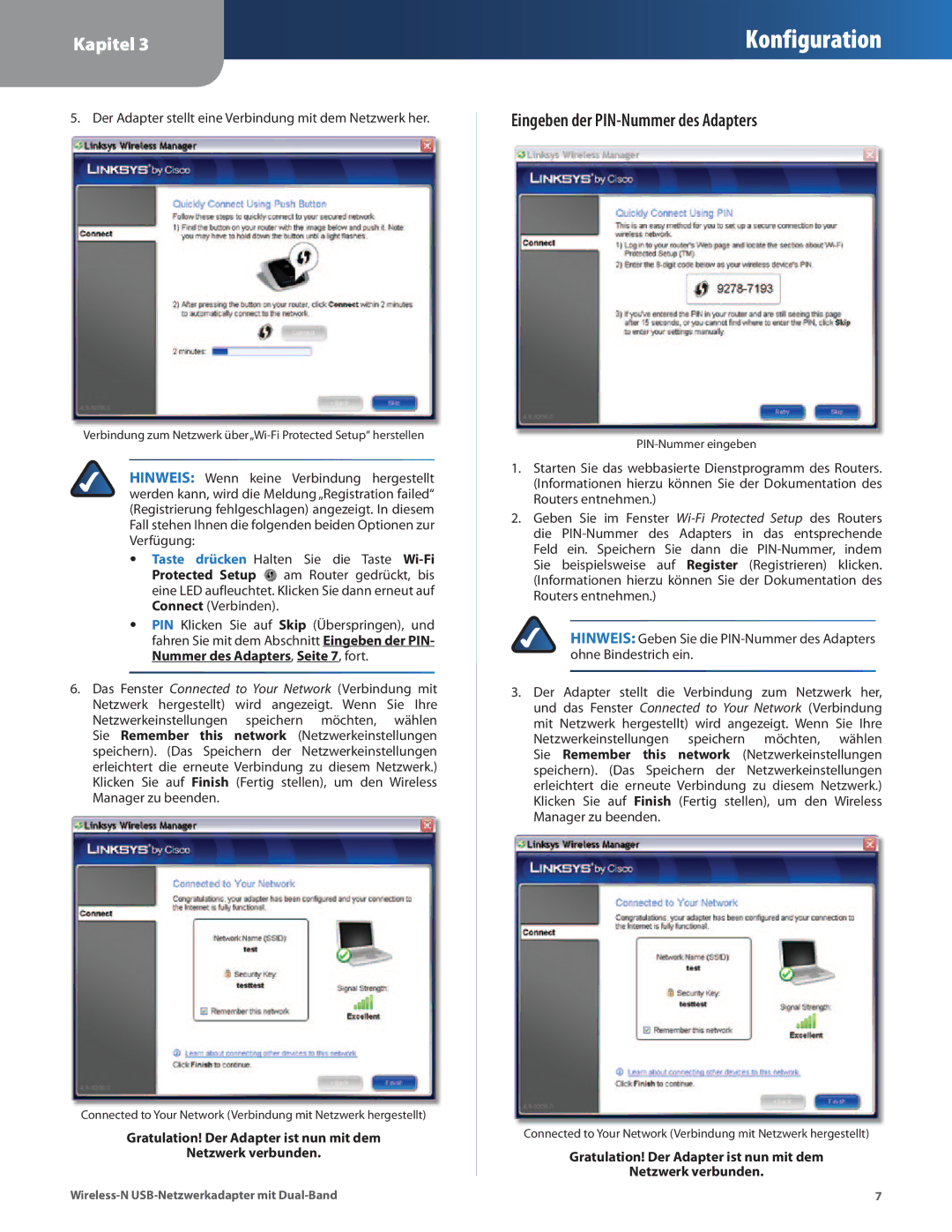 Cisco Systems WUSB600N manual Eingeben der PIN-Nummer des Adapters 