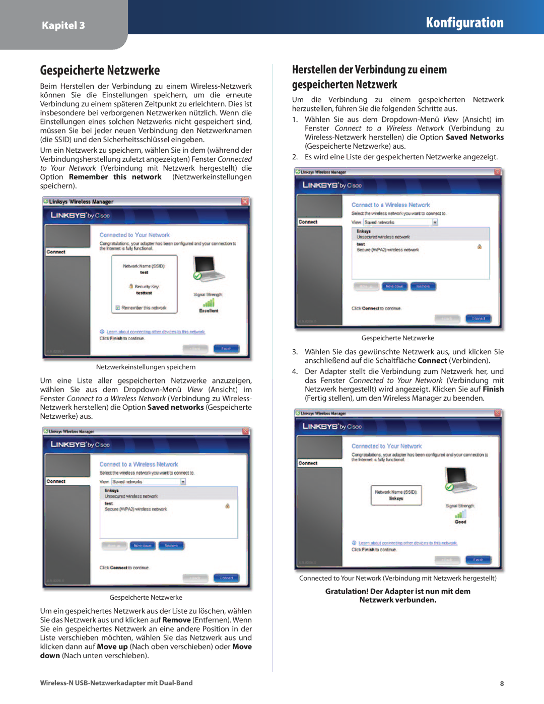 Cisco Systems WUSB600N manual Gespeicherte Netzwerke, Herstellen der Verbindung zu einem gespeicherten Netzwerk 