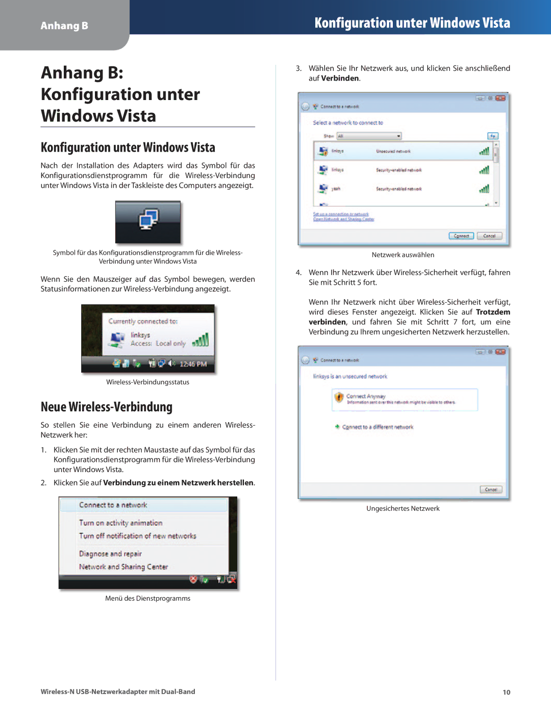 Cisco Systems WUSB600N manual Anhang B Konfiguration unter Windows Vista, Neue Wireless-Verbindung 