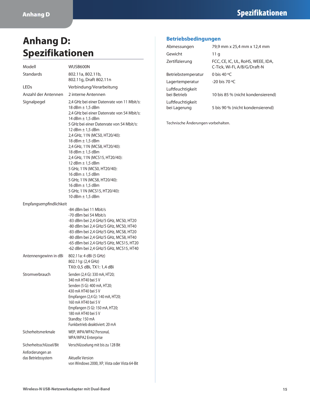 Cisco Systems WUSB600N manual Anhang D Spezifikationen 