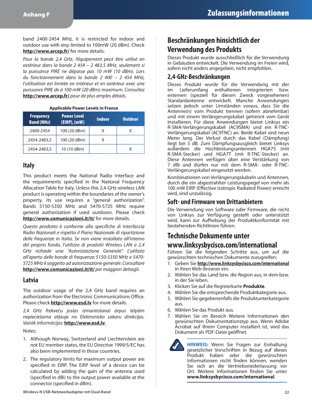 Cisco Systems WUSB600N manual Italy Latvia, GHz-Beschränkungen, Soft- und Firmware von Drittanbietern 