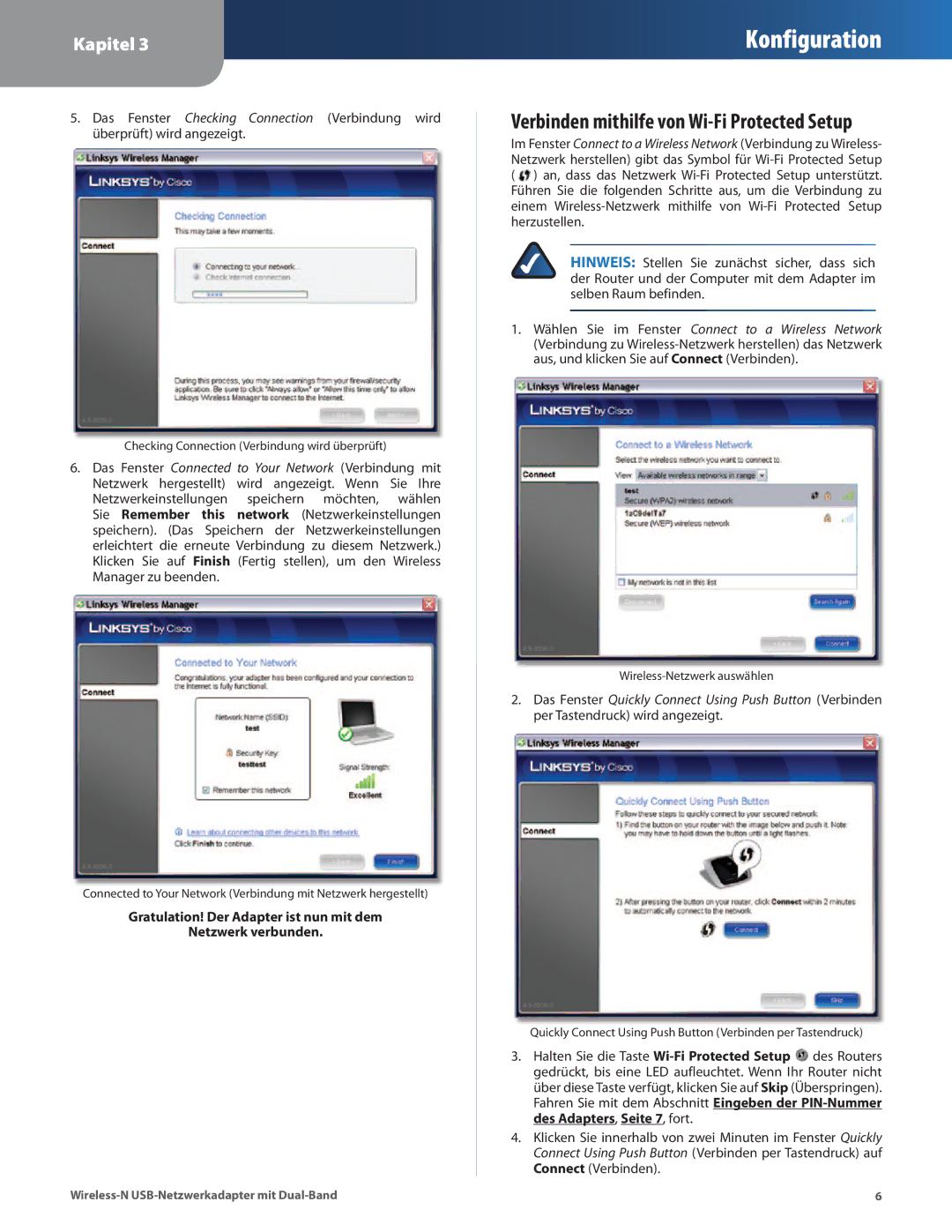 Cisco Systems WUSB600N manual Verbinden mithilfe von Wi-Fi Protected Setup 