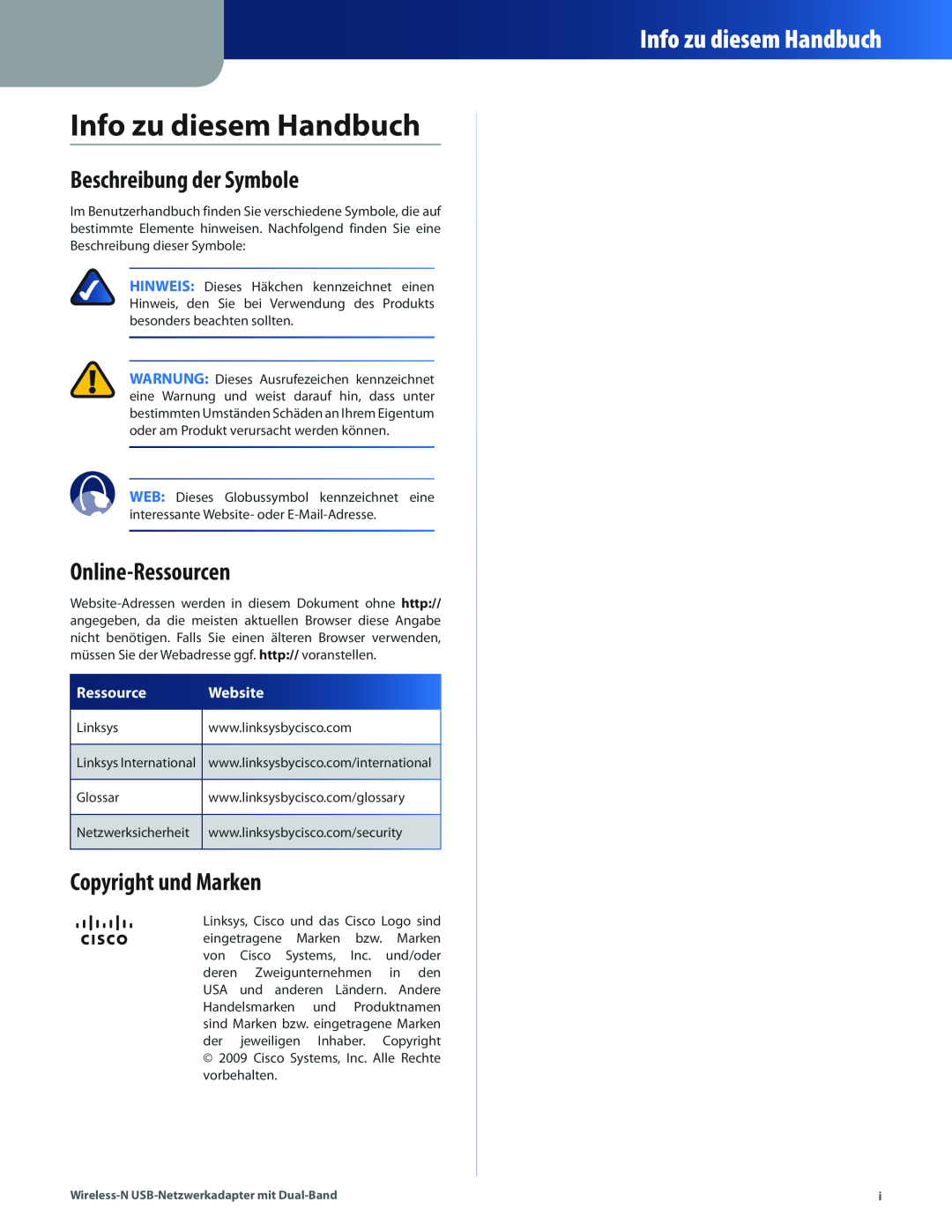 Cisco Systems WUSB600N Info zu diesem Handbuch, Beschreibung der Symbole, Online-Ressourcen, Copyright und Marken, Website 