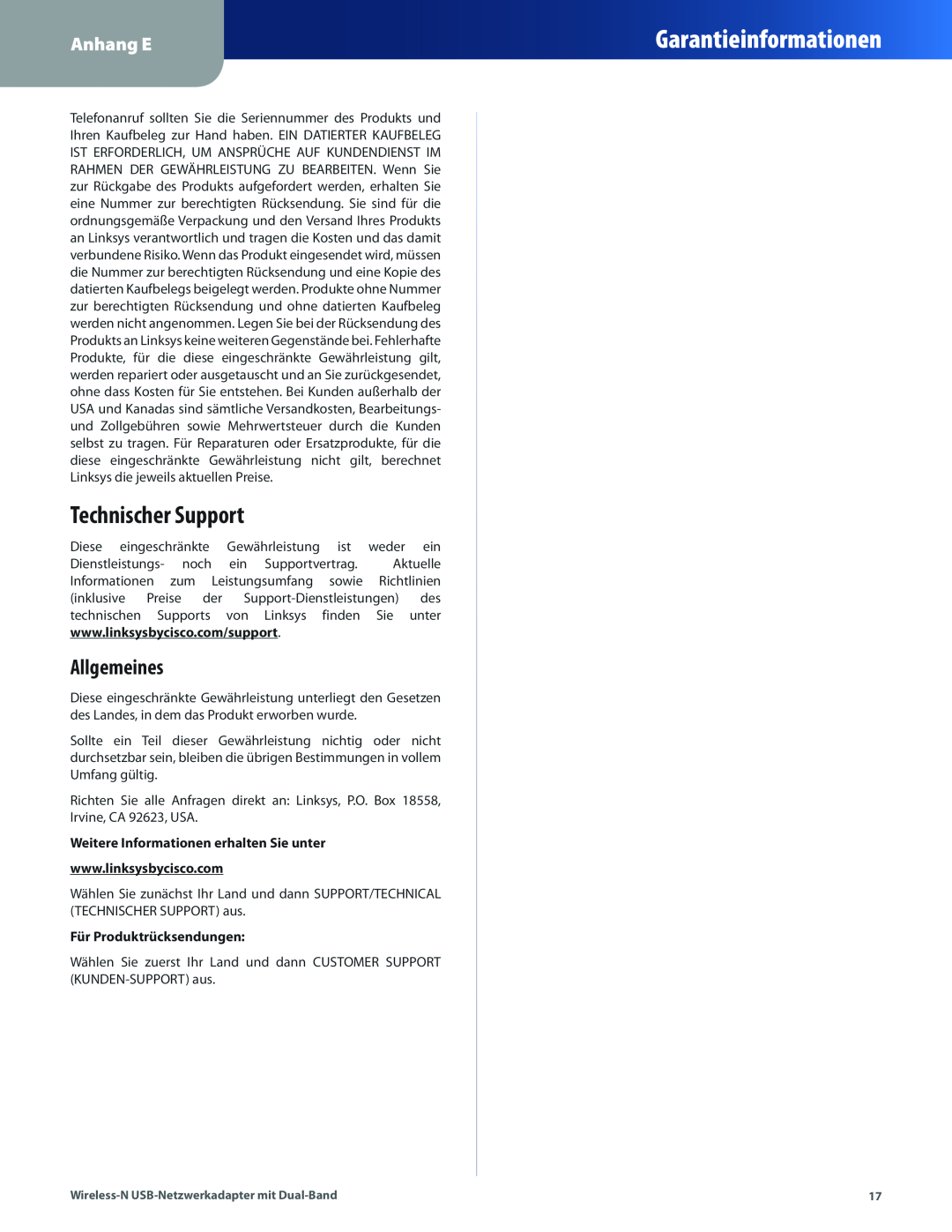 Cisco Systems WUSB600N manual Technischer Support, Allgemeines, Garantieinformationen, Anhang E, Für Produktrücksendungen 