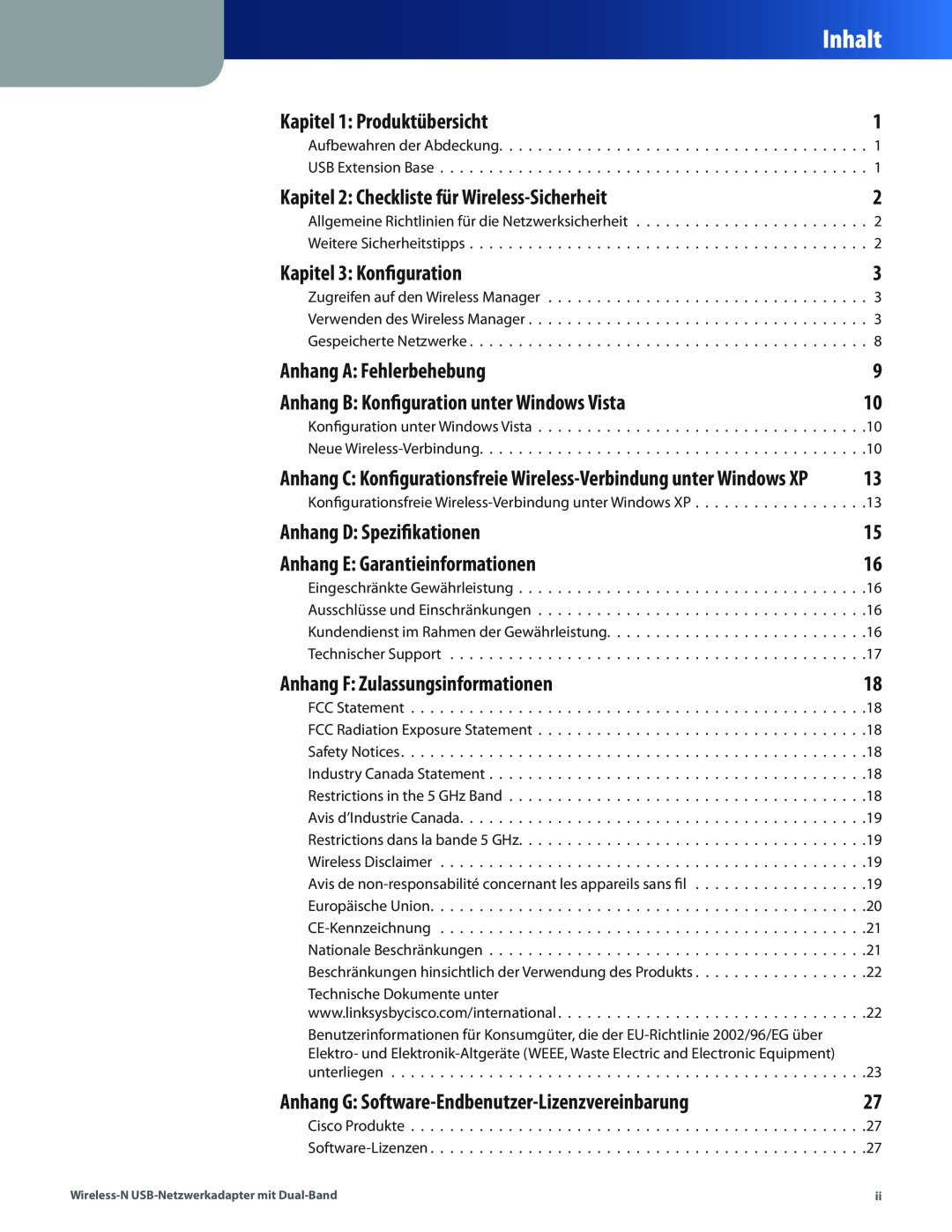 Cisco Systems WUSB600N manual Inhalt, Kapitel 1 Produktübersicht, Kapitel 2 Checkliste für Wireless-Sicherheit 