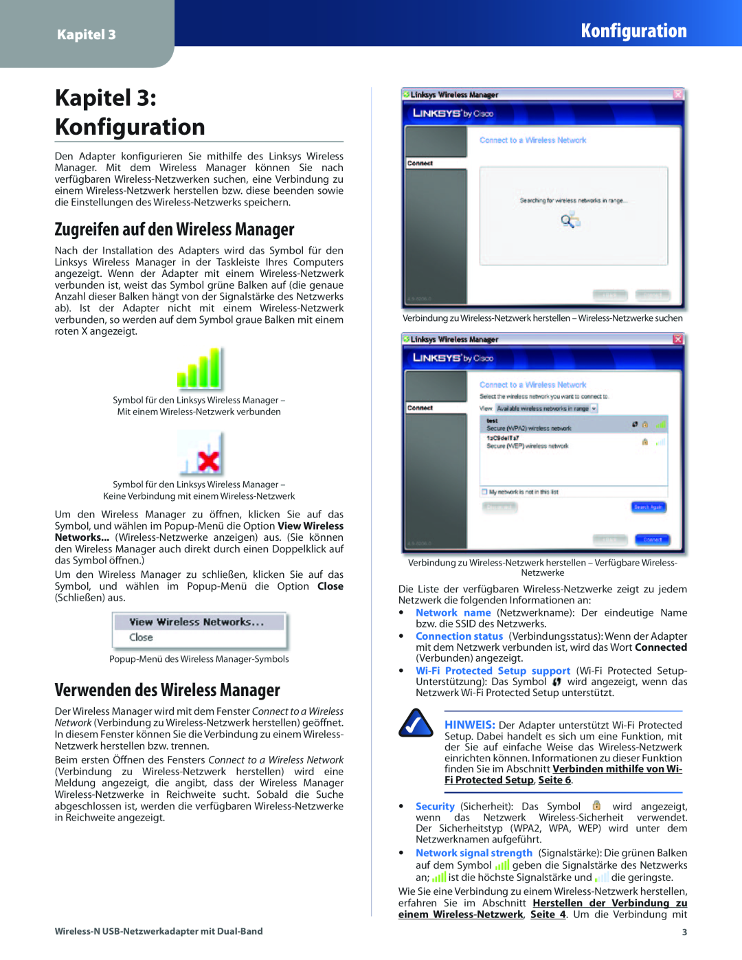 Cisco Systems WUSB600N manual Kapitel Konfiguration, Zugreifen auf den Wireless Manager, Verwenden des Wireless Manager 