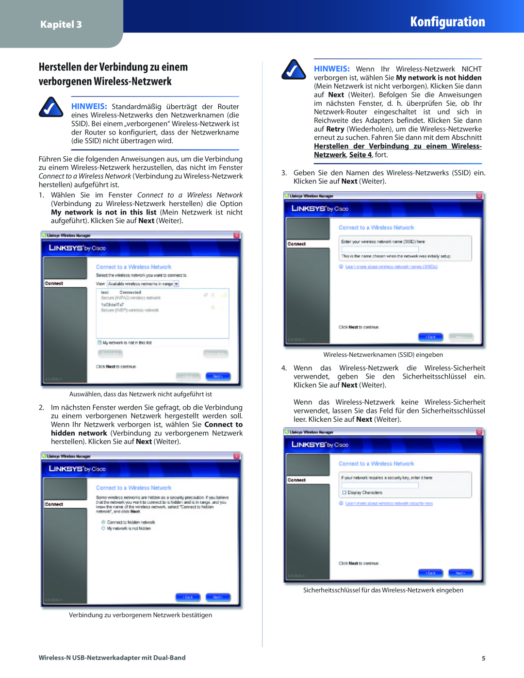 Cisco Systems WUSB600N manual Konfiguration, Kapitel, Herstellen der Verbindung zu einem verborgenen Wireless-Netzwerk 