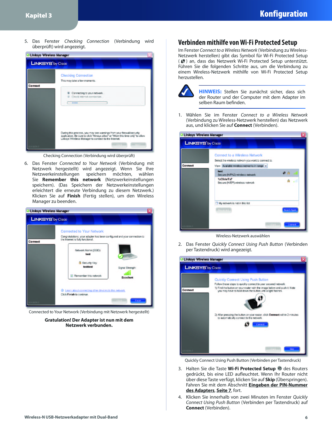 Cisco Systems WUSB600N manual Verbinden mithilfe von Wi-Fi Protected Setup, Konfiguration, Kapitel 