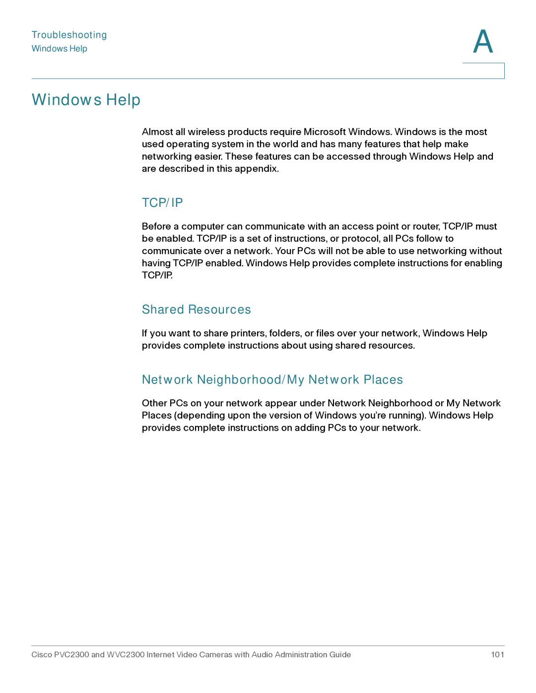 Cisco Systems WVC2300 manual Windows Help, Shared Resources, Network Neighborhood/My Network Places 