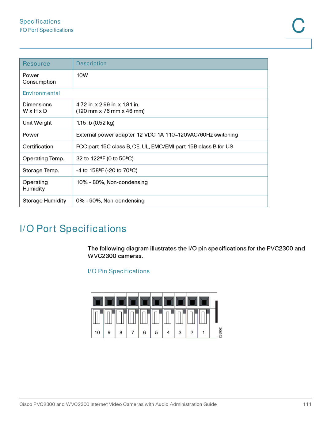 Cisco Systems WVC2300 manual Port Specifications, Pin Specifications 