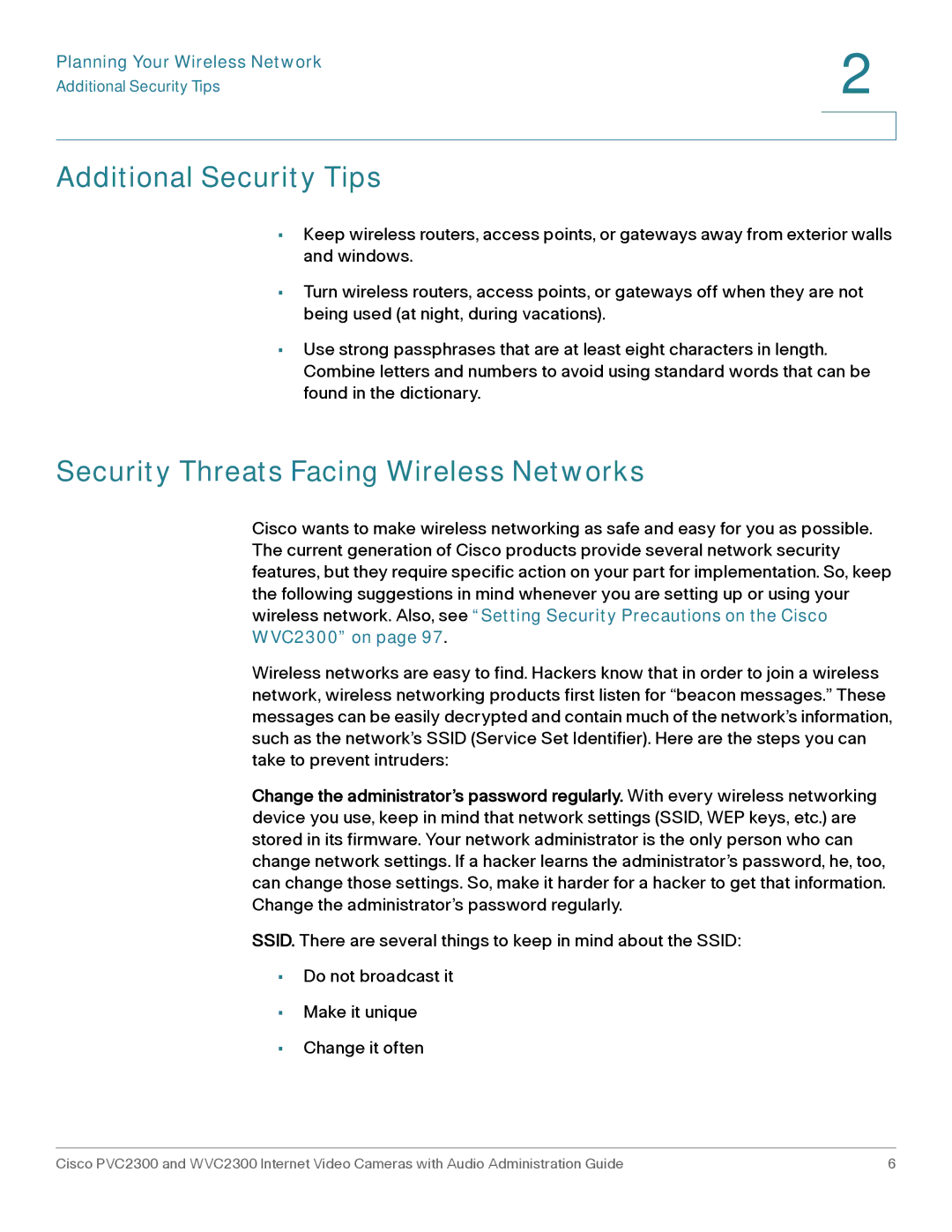 Cisco Systems WVC2300 Additional Security Tips, Security Threats Facing Wireless Networks, Planning Your Wireless Network 