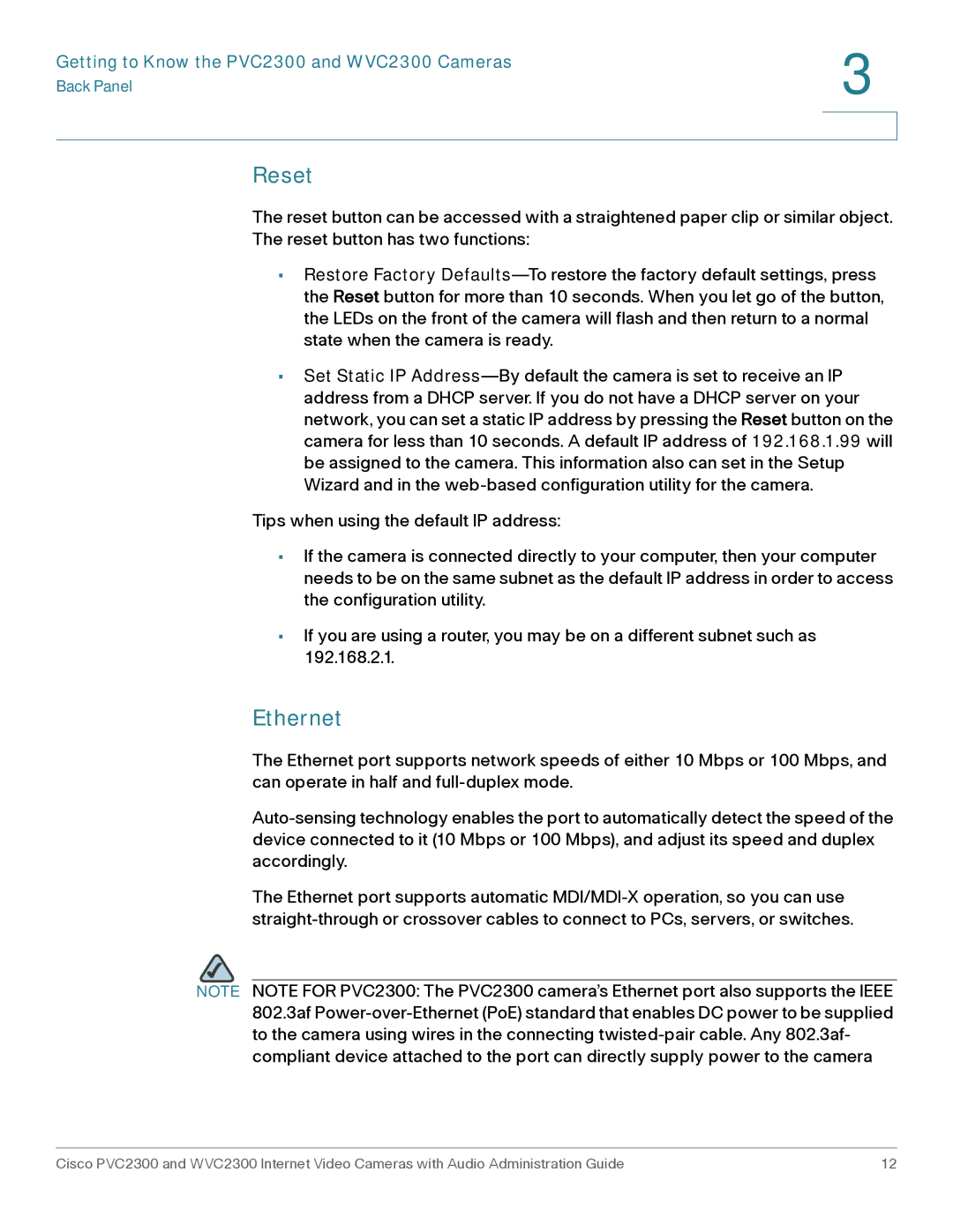 Cisco Systems WVC2300 manual Reset, Ethernet 