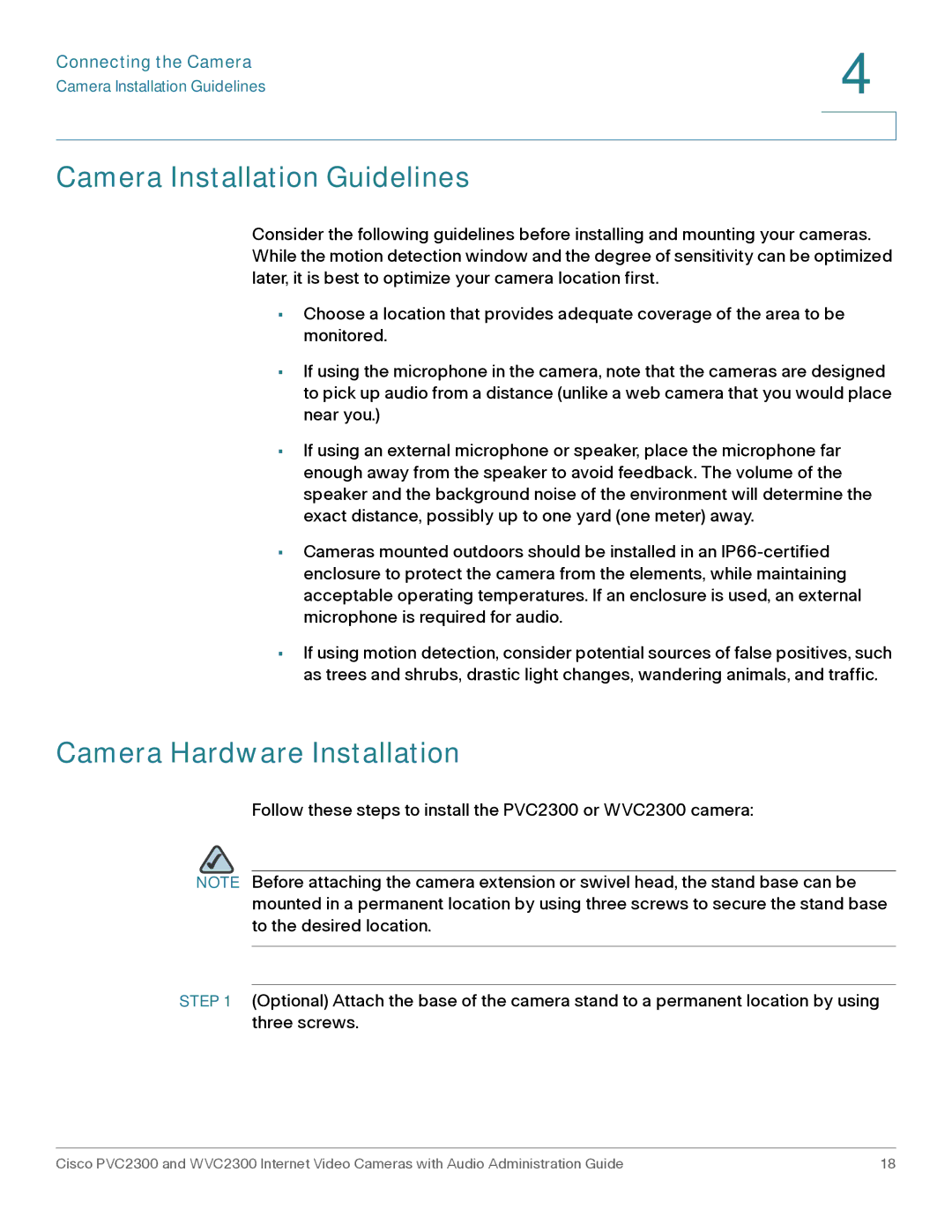 Cisco Systems WVC2300 manual Camera Installation Guidelines, Camera Hardware Installation 