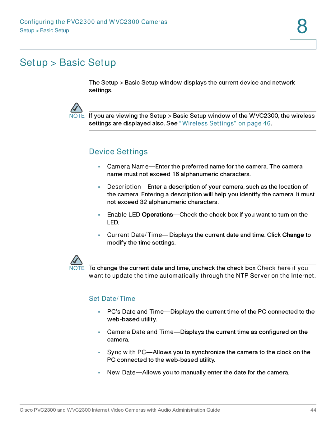 Cisco Systems WVC2300 manual Setup Basic Setup, Device Settings 