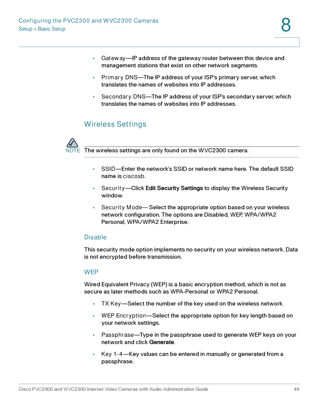 Cisco Systems WVC2300 manual Wireless Settings, Disable 