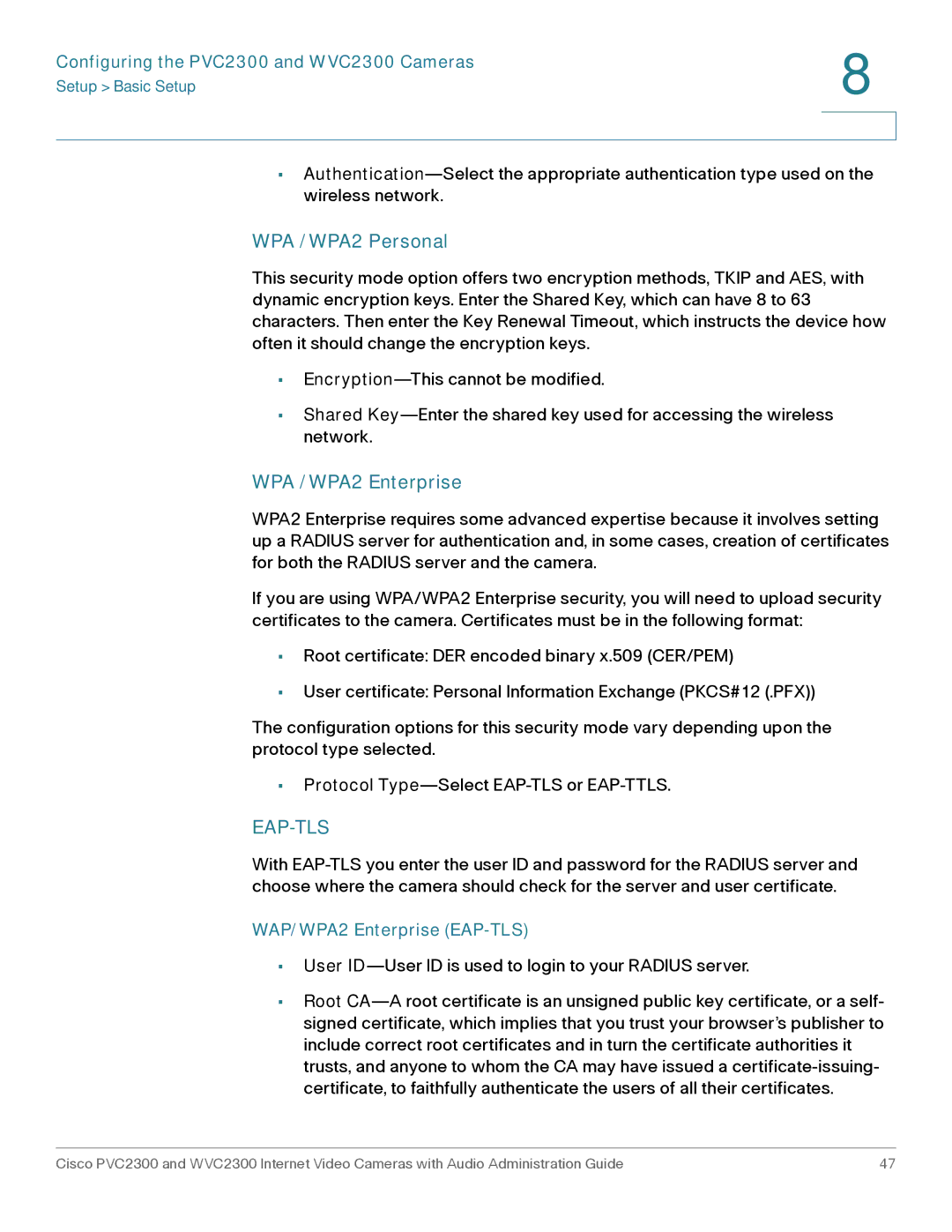 Cisco Systems WVC2300 manual WAP/WPA2 Enterprise EAP-TLS 