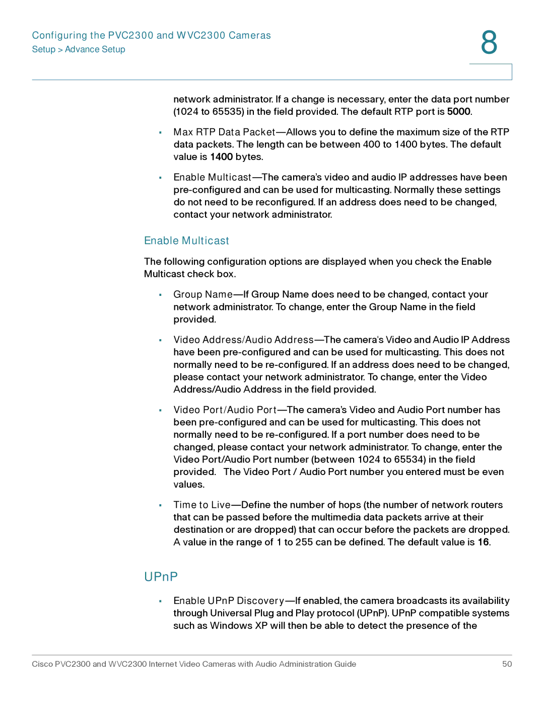 Cisco Systems WVC2300 manual UPnP, Enable Multicast 