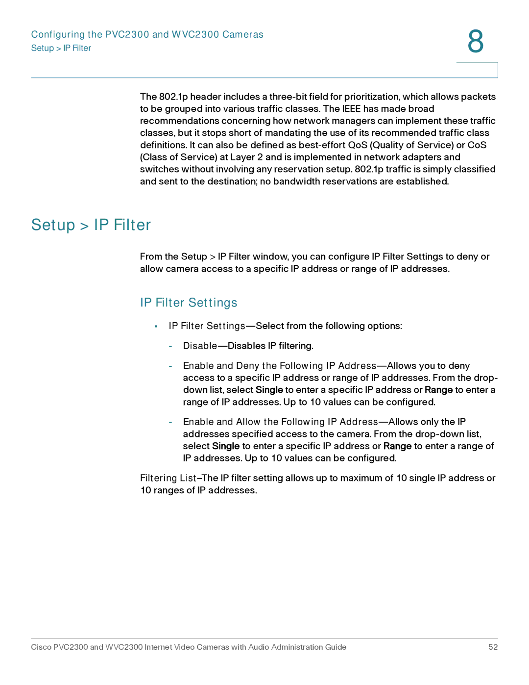 Cisco Systems WVC2300 manual Setup IP Filter, IP Filter Settings 