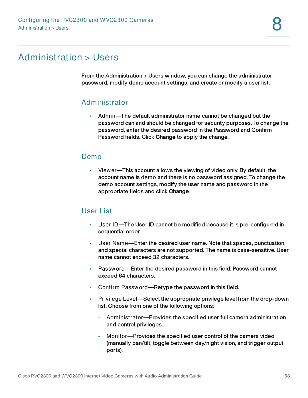 Cisco Systems WVC2300 manual Administration Users, Administrator, Demo, User List 