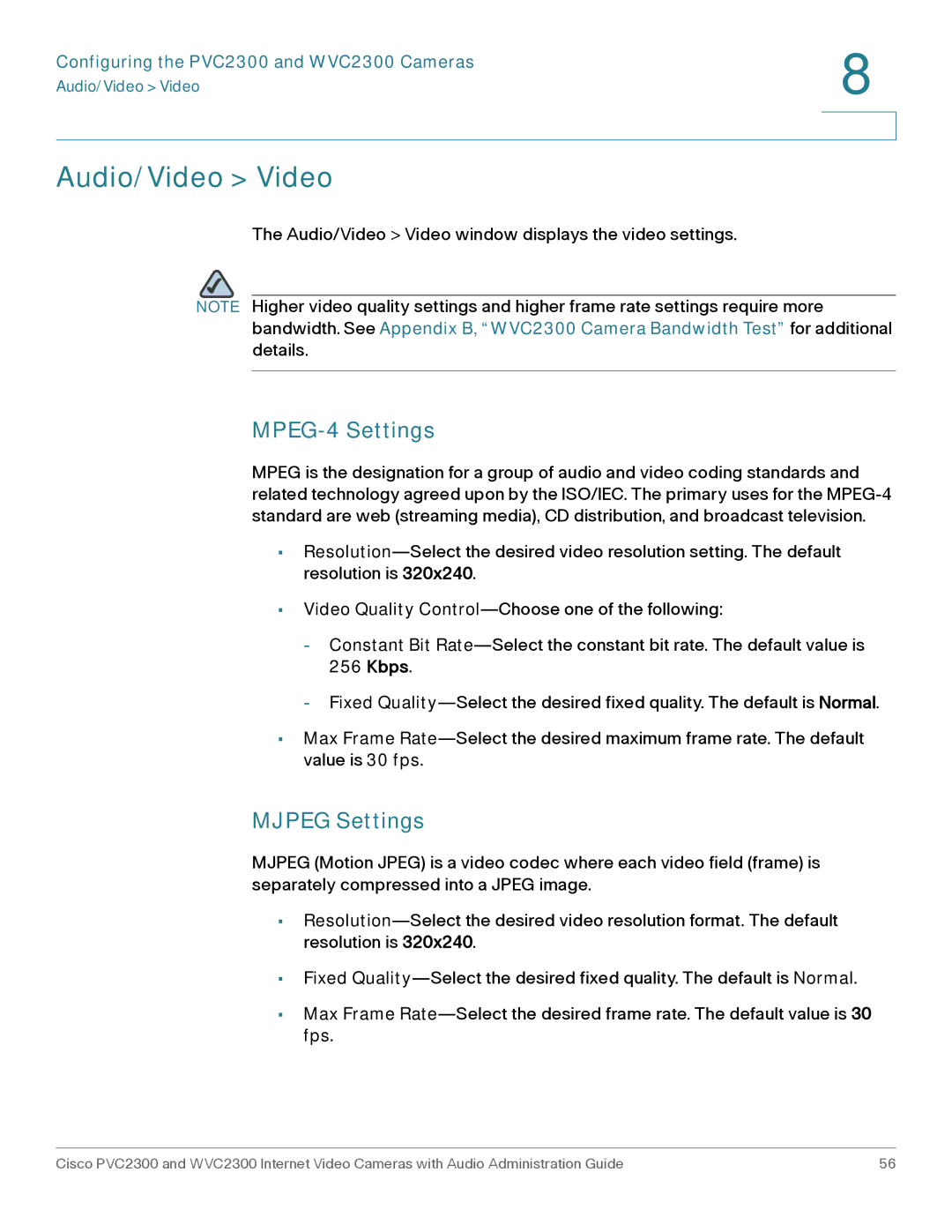 Cisco Systems WVC2300 manual Audio/Video Video, MPEG-4 Settings, Mjpeg Settings 