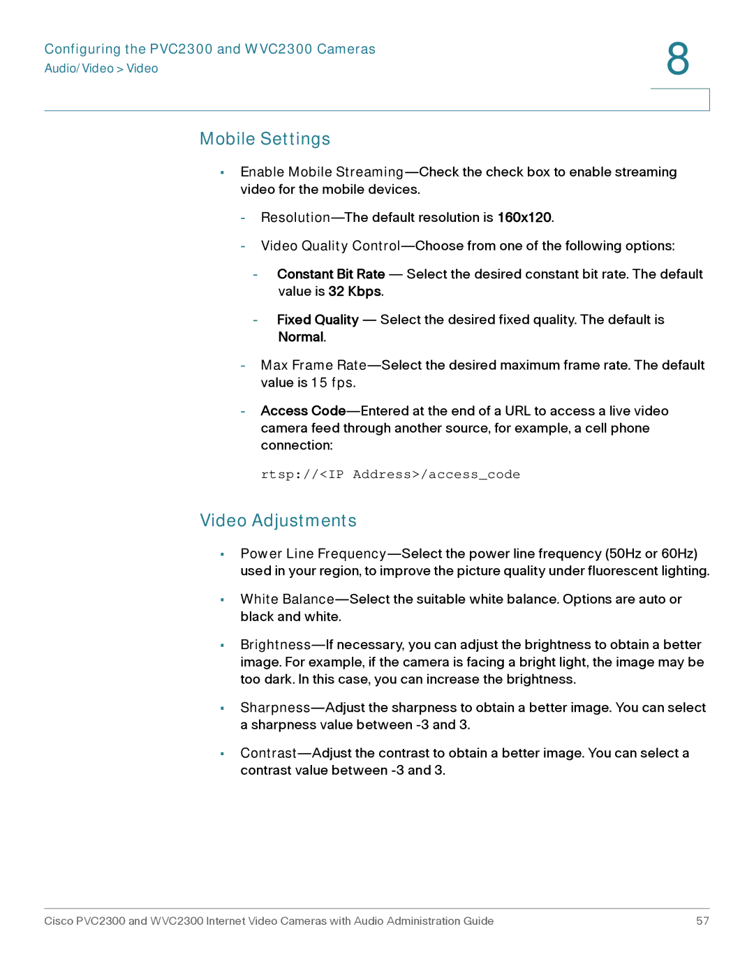 Cisco Systems WVC2300 manual Mobile Settings, Video Adjustments 