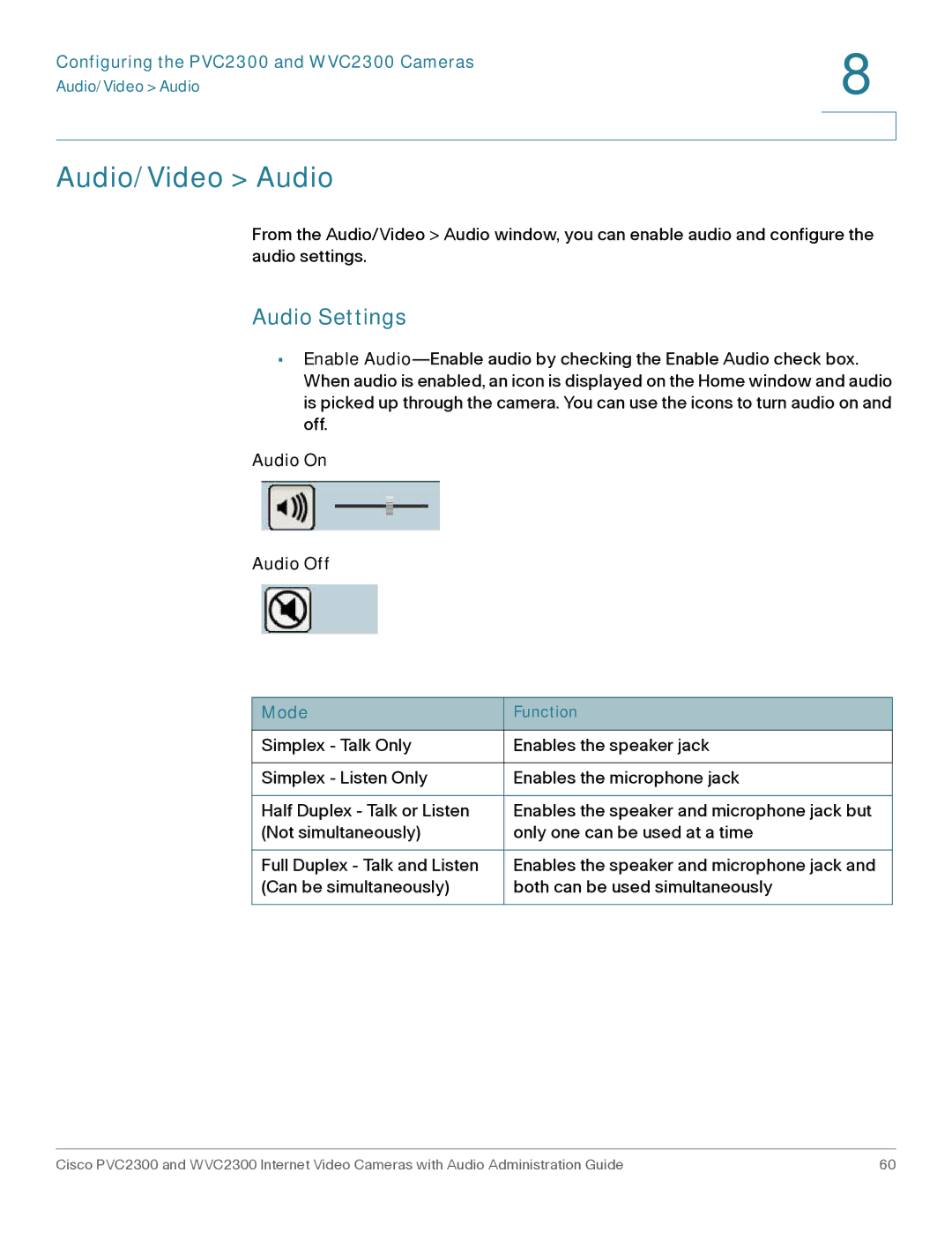 Cisco Systems WVC2300 manual Audio/Video Audio, Audio Settings, Mode 