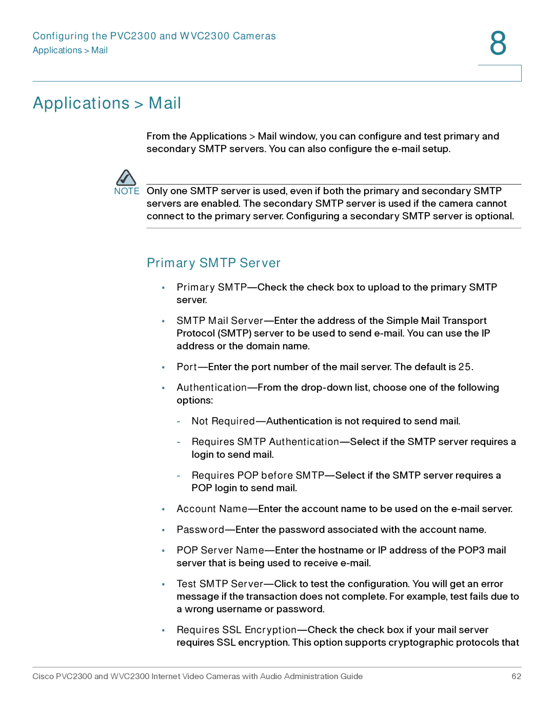 Cisco Systems WVC2300 manual Applications Mail, Primary Smtp Server 