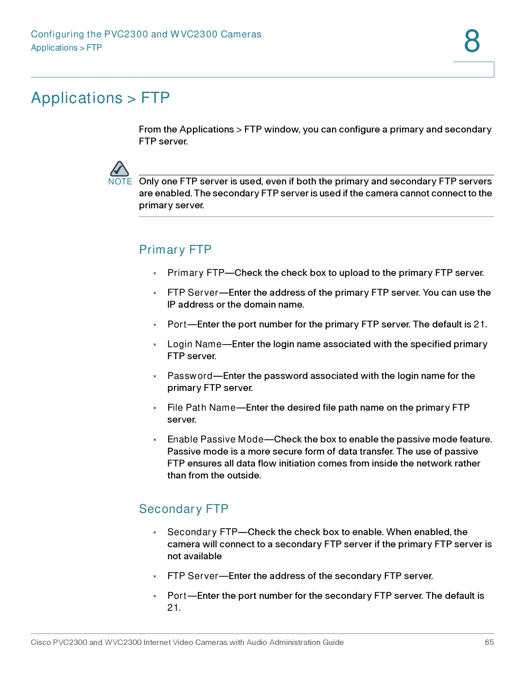 Cisco Systems WVC2300 manual Applications FTP, Primary FTP, Secondary FTP 