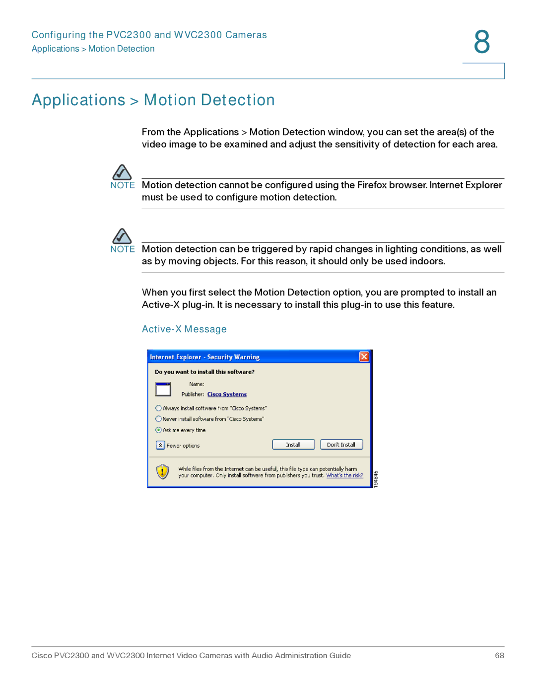 Cisco Systems WVC2300 manual Applications Motion Detection, Active-X Message 