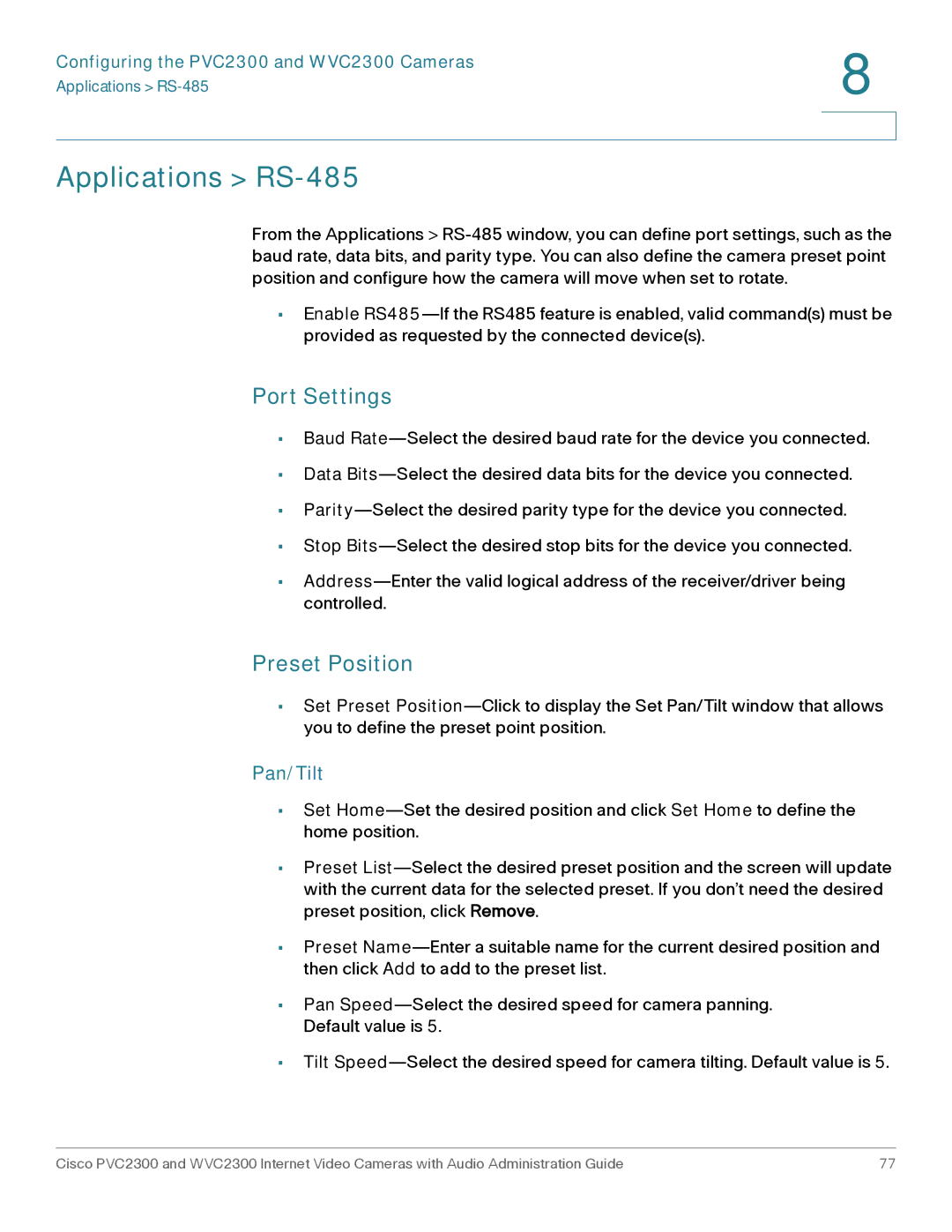 Cisco Systems WVC2300 manual Applications RS-485, Port Settings, Preset Position 