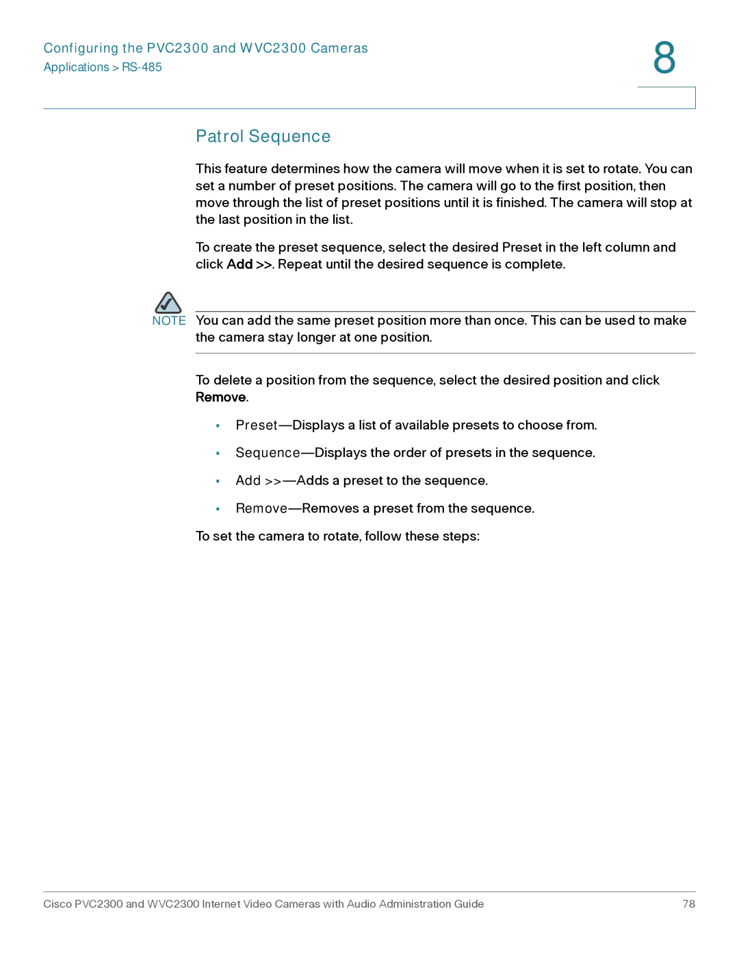 Cisco Systems WVC2300 manual Patrol Sequence, Remove 