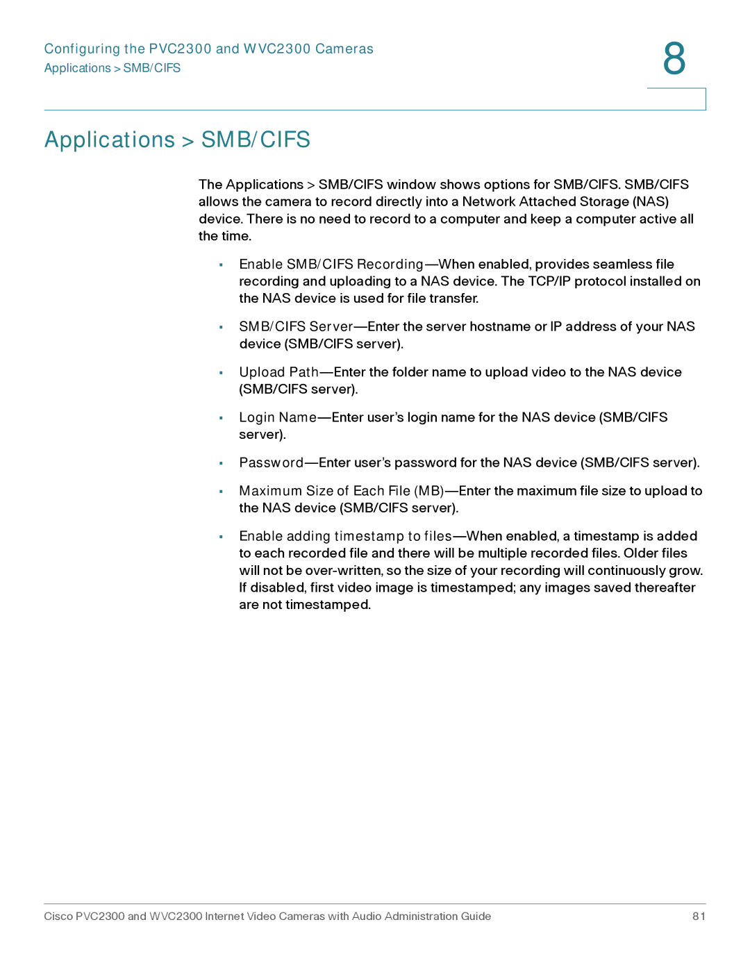 Cisco Systems WVC2300 manual Applications SMB/CIFS 