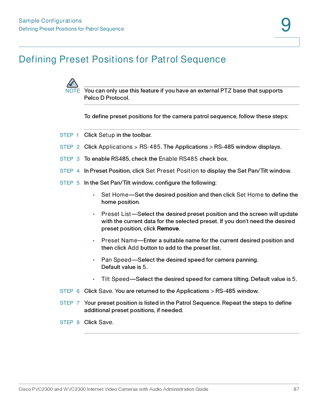 Cisco Systems WVC2300 manual Defining Preset Positions for Patrol Sequence, Sample Configurations 