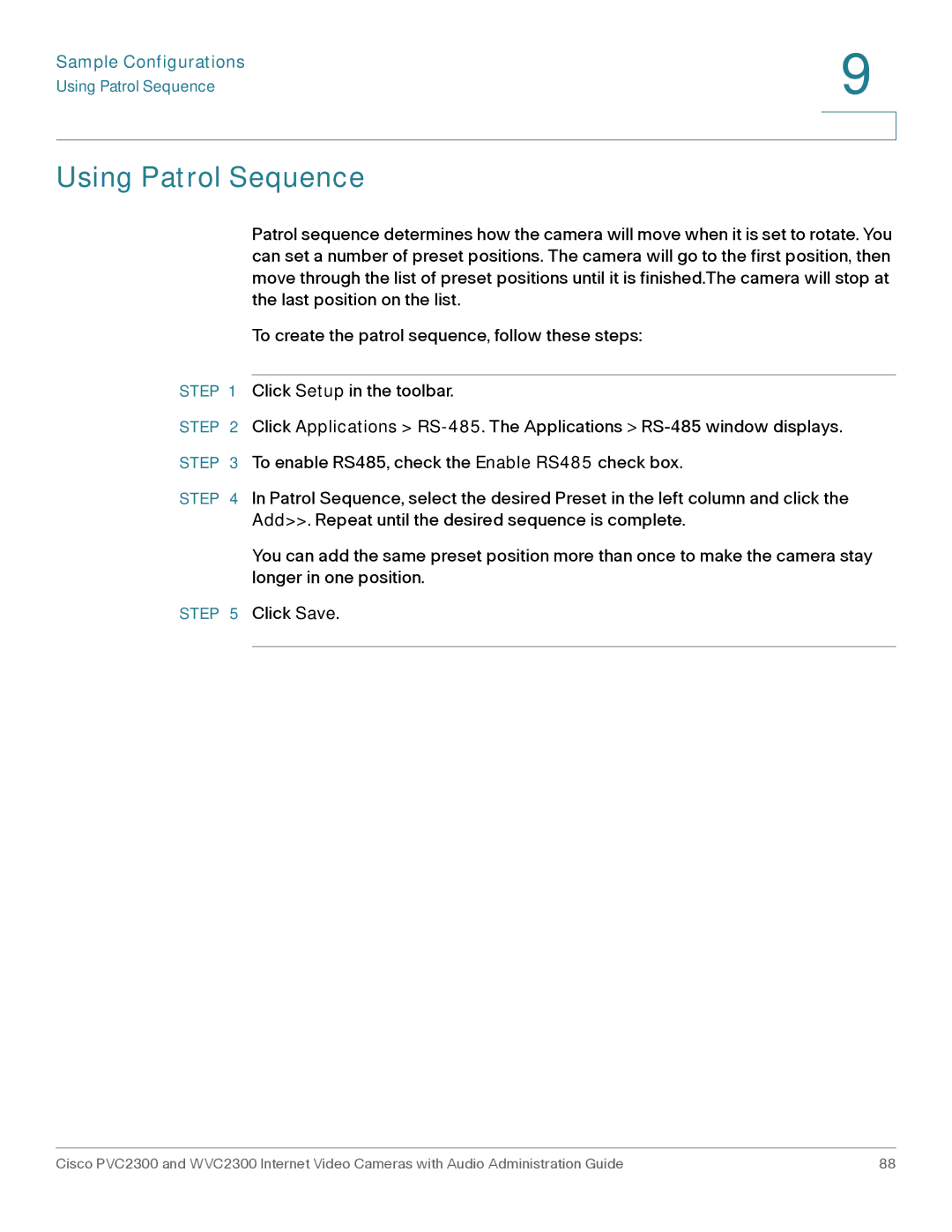 Cisco Systems WVC2300 manual Using Patrol Sequence 