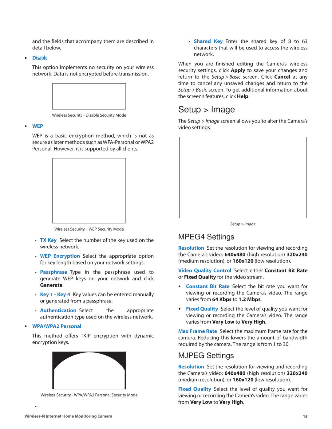 Cisco Systems WVC80N manual Setup Image, MPEG4 Settings, Mjpeg Settings 