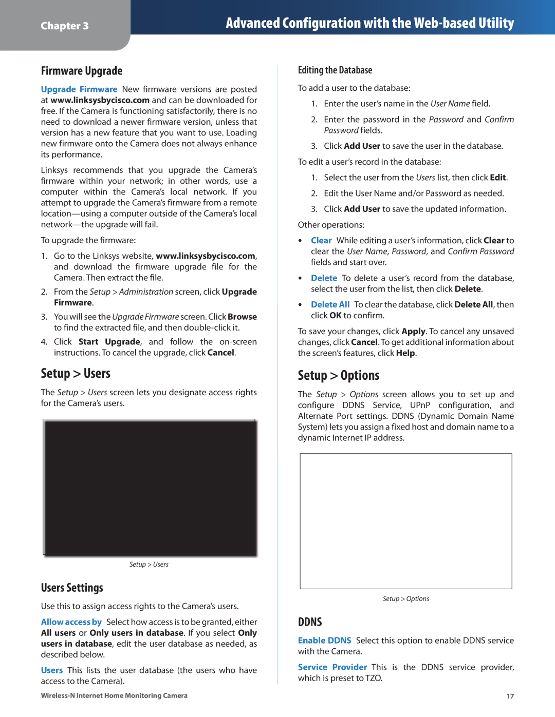 Cisco Systems WVC80N manual Setup Users, Setup Options, Firmware Upgrade, Users Settings, Editing the Database 