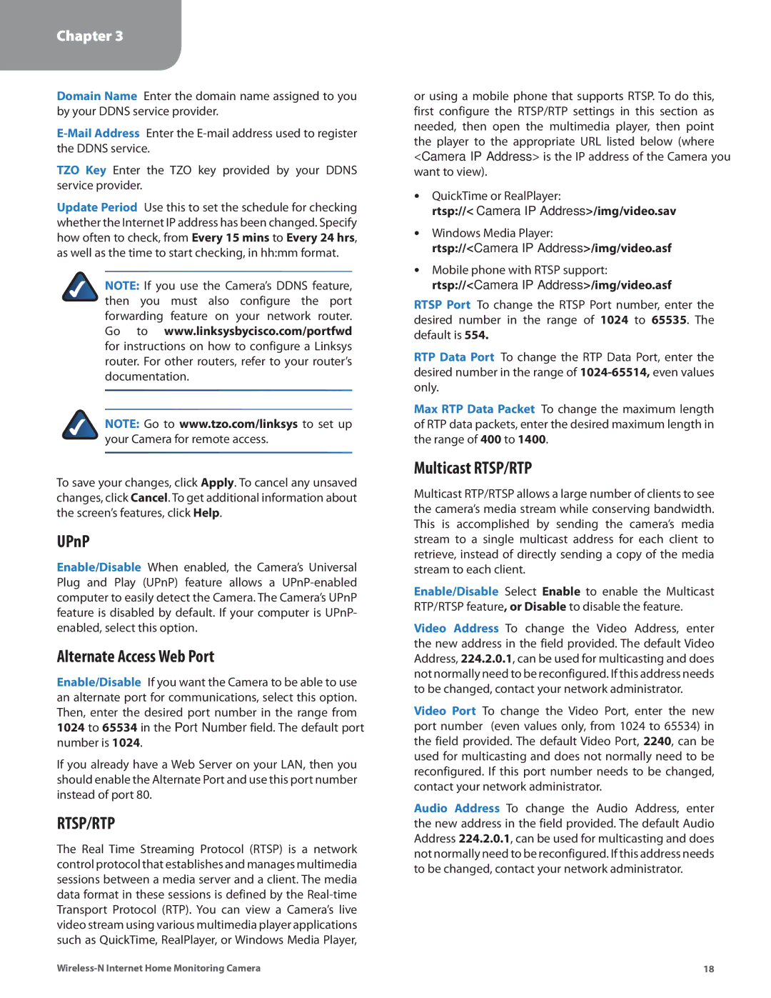 Cisco Systems WVC80N manual UPnP, Alternate Access Web Port, Multicast RTSP/RTP, Rtsp// Camera IP Address/img/video.sav 