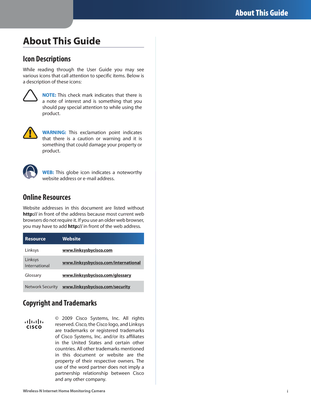 Cisco Systems WVC80N manual About This Guide, Icon Descriptions, Online Resources, Copyright and Trademarks 