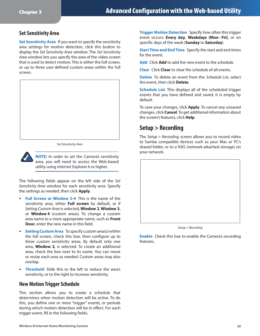 Cisco Systems WVC80N manual Setup Recording, Set Sensitivity Area, New Motion Trigger Schedule 