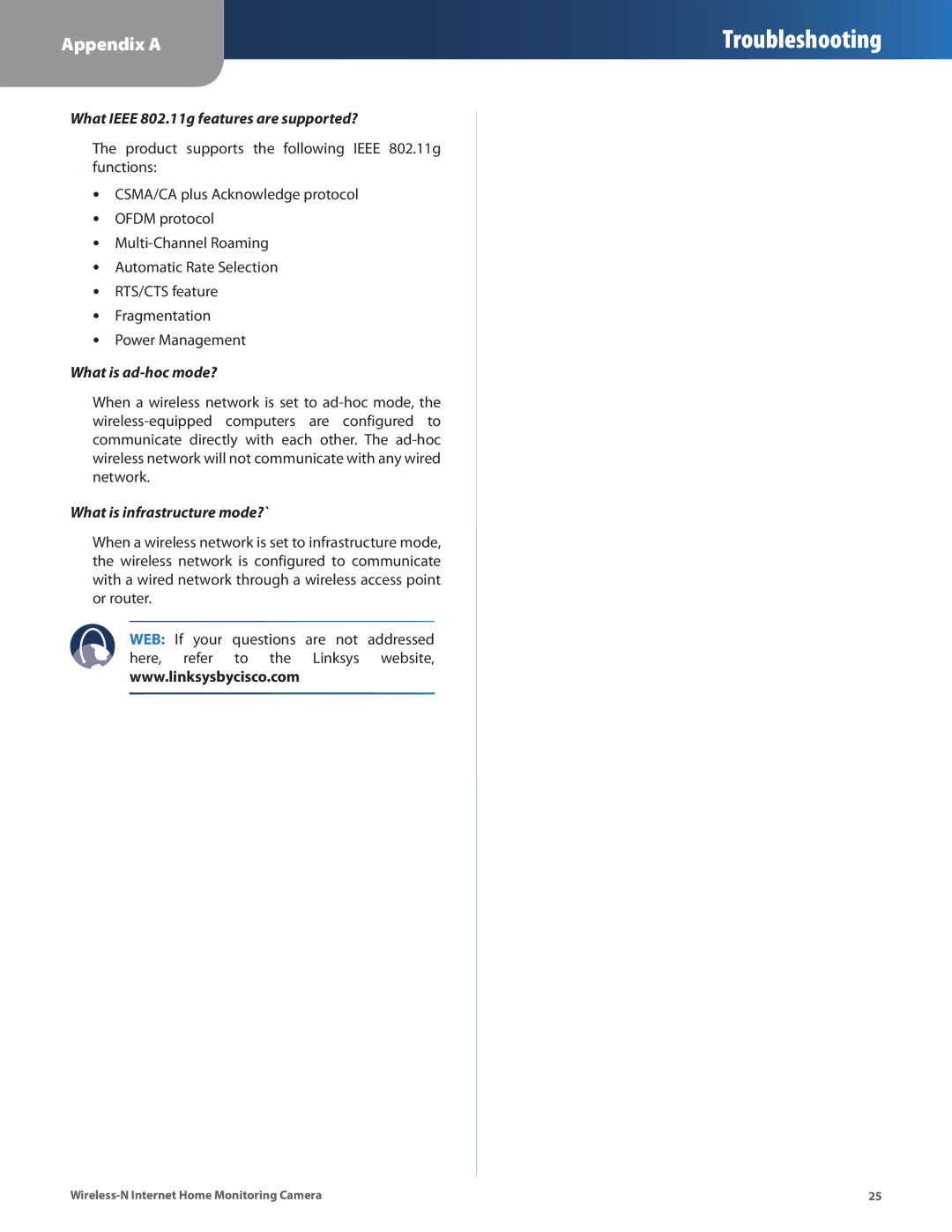 Cisco Systems WVC80N manual What Ieee 802.11g features are supported? 